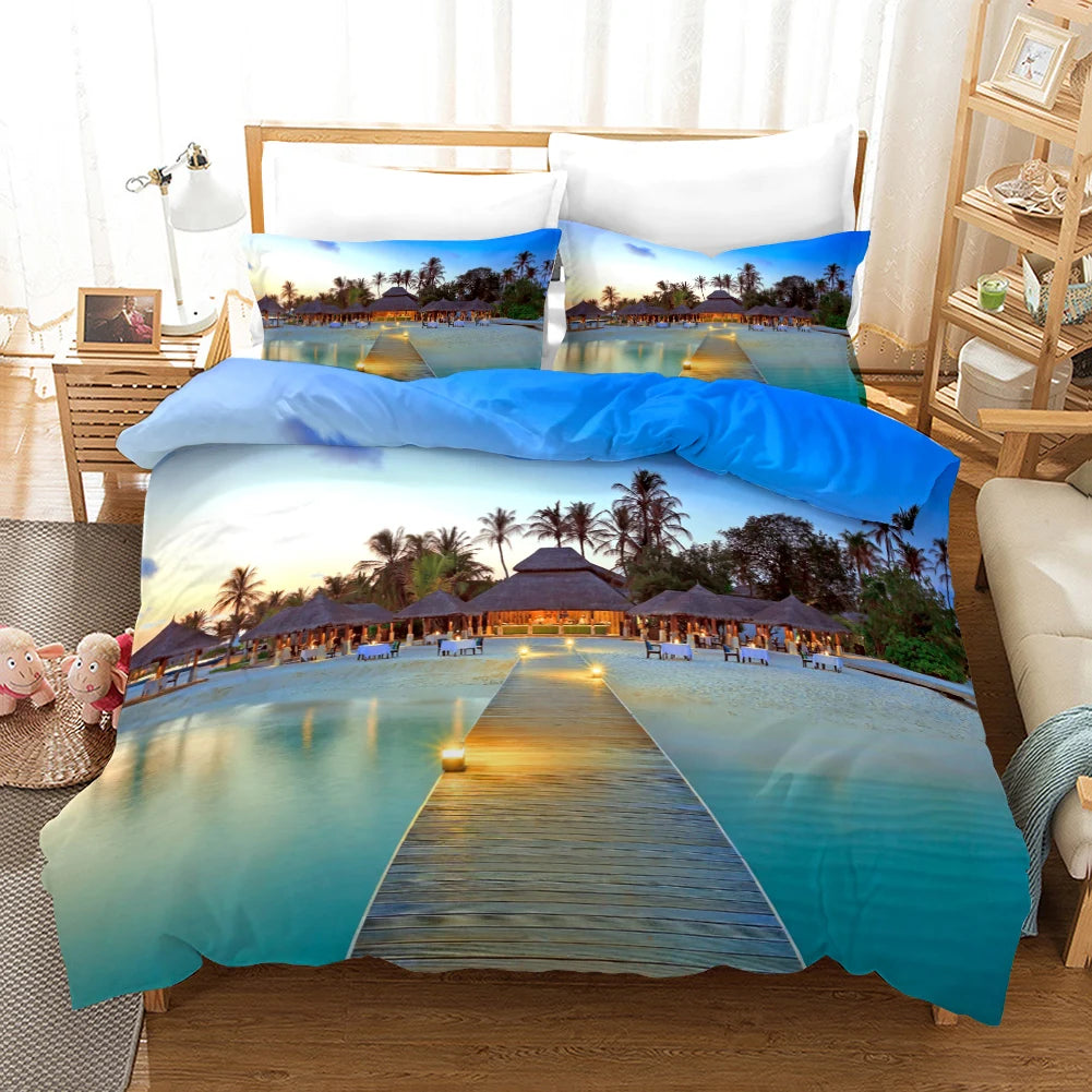 Strand-Bettwäsche-Set Polyester Tropische Insel mit Palmen und Meeresstrand Naturmotiv Doppelbett Queen-Size King-Size Bettdeckenbezug