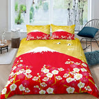 Japanese-Style Duvet Cover Set for Girl Polyester Mount Fuji Comforter Cover Cherry Blossoms Flower Ink Hand Painted Quilt Cover