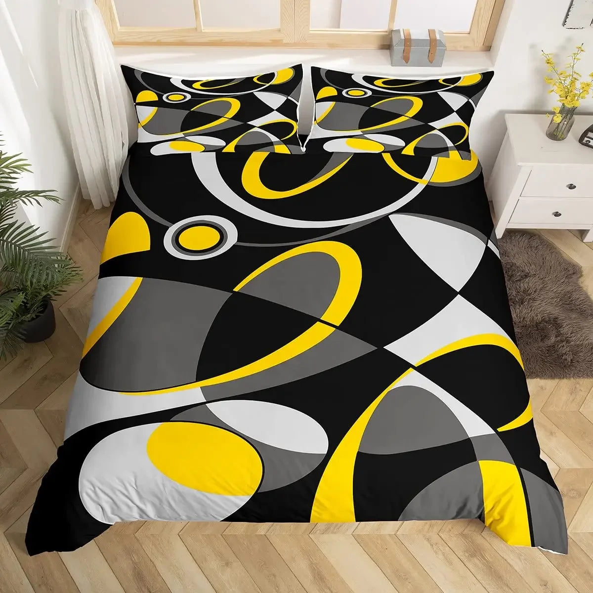 Geometric Circles Duvet Cover Red and Black Quilt Set Suitable for Children Kids Boys Girls Teenagers Abstract Art Bedding Set