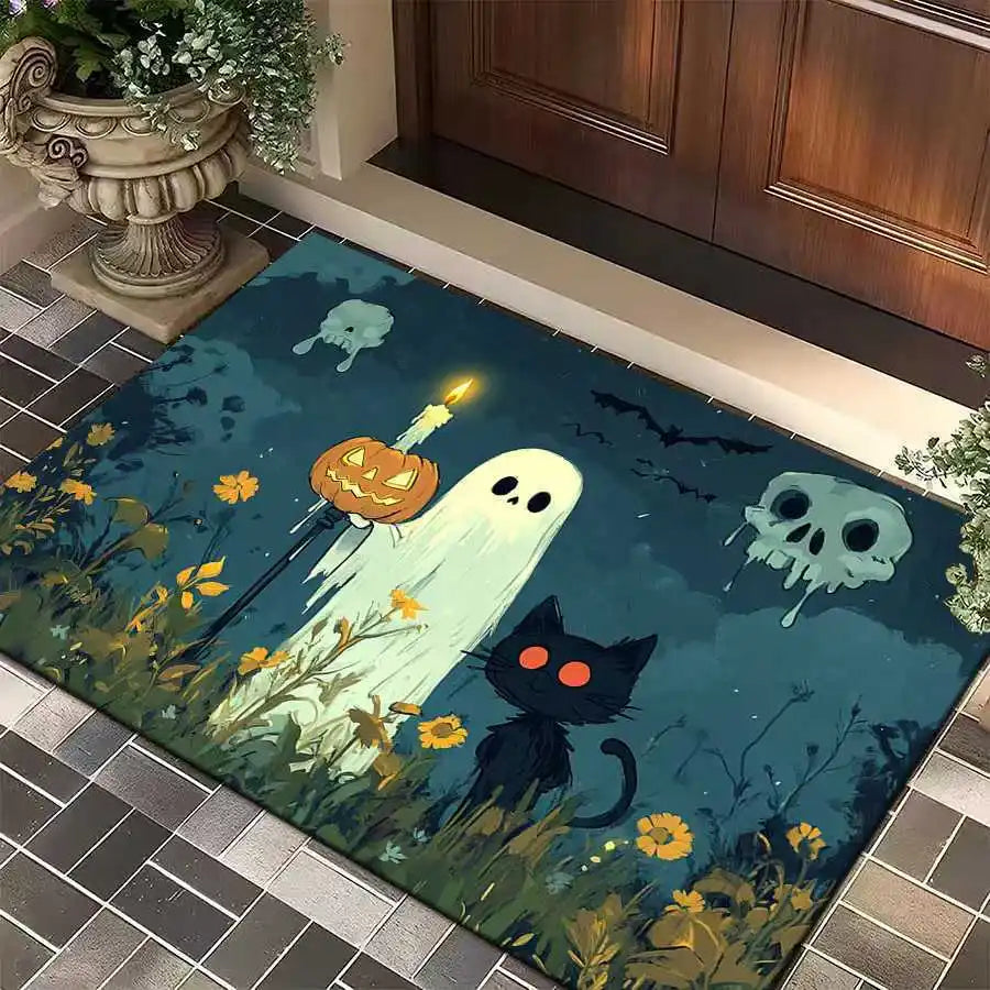 1pc Halloween Rug Lovely Cat Ghost Pumpkin 3D Print Non-slip Rug Entrance Mat Home Living Room Bedroom Ornament Halloween Decor