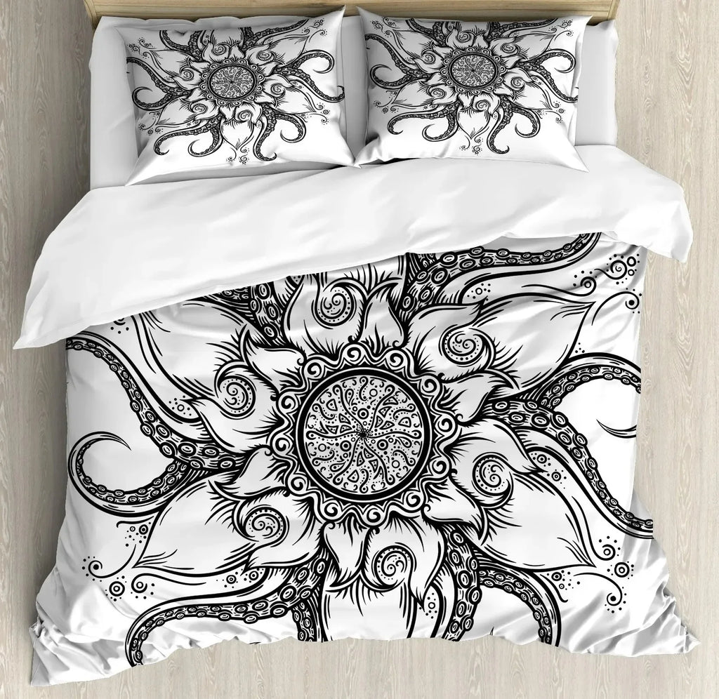 South Mandala Floral Duvet Cover Set,Vibrant Color Ornamental Illustration Bedding Set Bohemian Mandala Lotus Design Quilt Cover