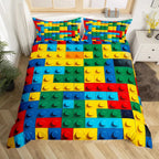 Construction Bedding Set Colorful Polyester Comforter Cover 3D Building Blocks Duvet Cover Kids Boys Rainbow Bricks Quilt Cover