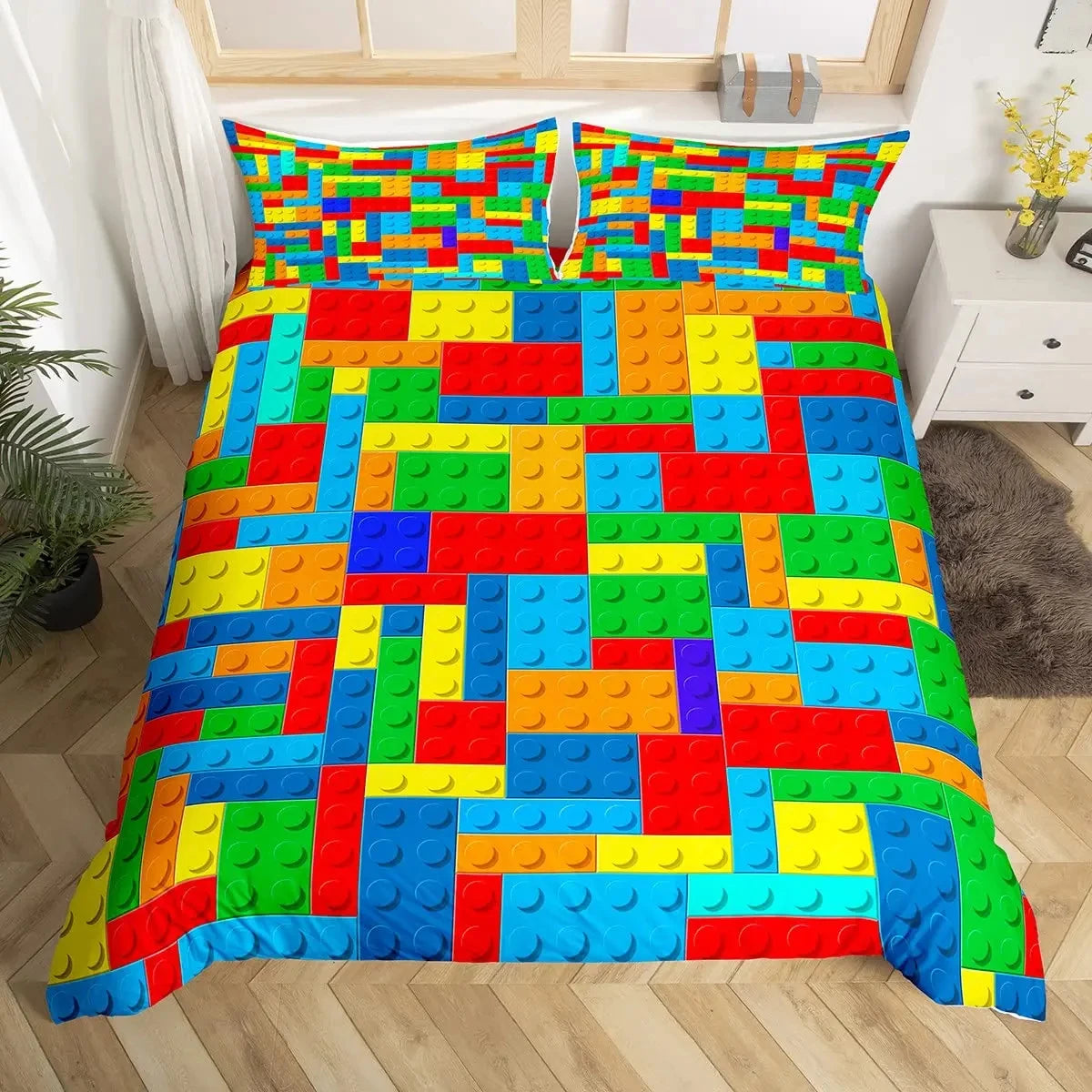 Construction Bedding Set Colorful Polyester Comforter Cover 3D Building Blocks Duvet Cover Kids Boys Rainbow Bricks Quilt Cover