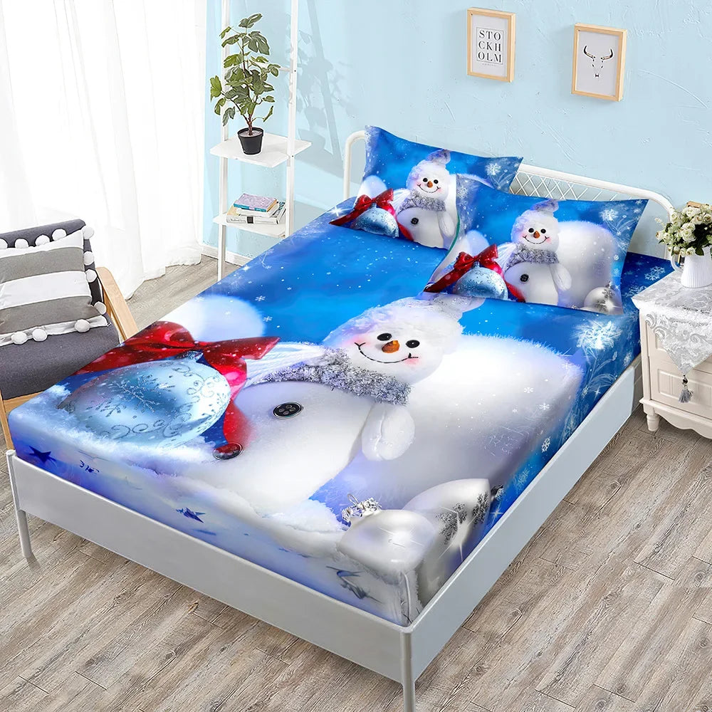 Winter Printed Fitted Sheet Santa Claus Snowflake Polyester Elastic Band Mattress Cover Pillowcase Fashion Bedding Bedroom Decor