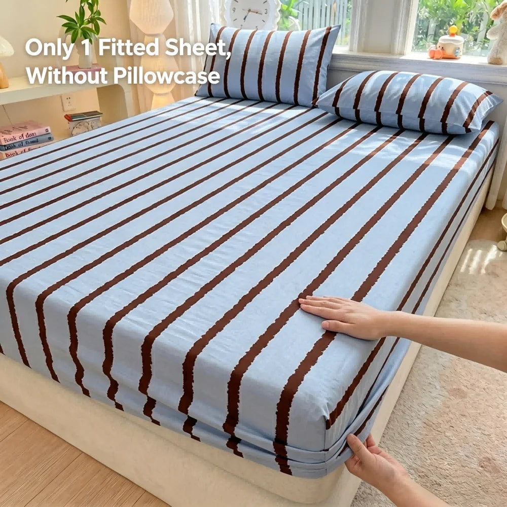 1pc Pink Blue Striped Fitted Sheet Deep Pocket Elastic Mattress Cover Single Double Queen King Bedroom Decor For Girls Boys