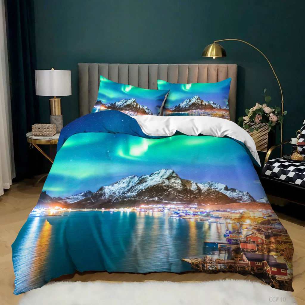 Aurora Borealis Polyester Duvet Cover Set Tree Under Magnetic Field Of Nature With Northern Lights Landscape Picture King Size