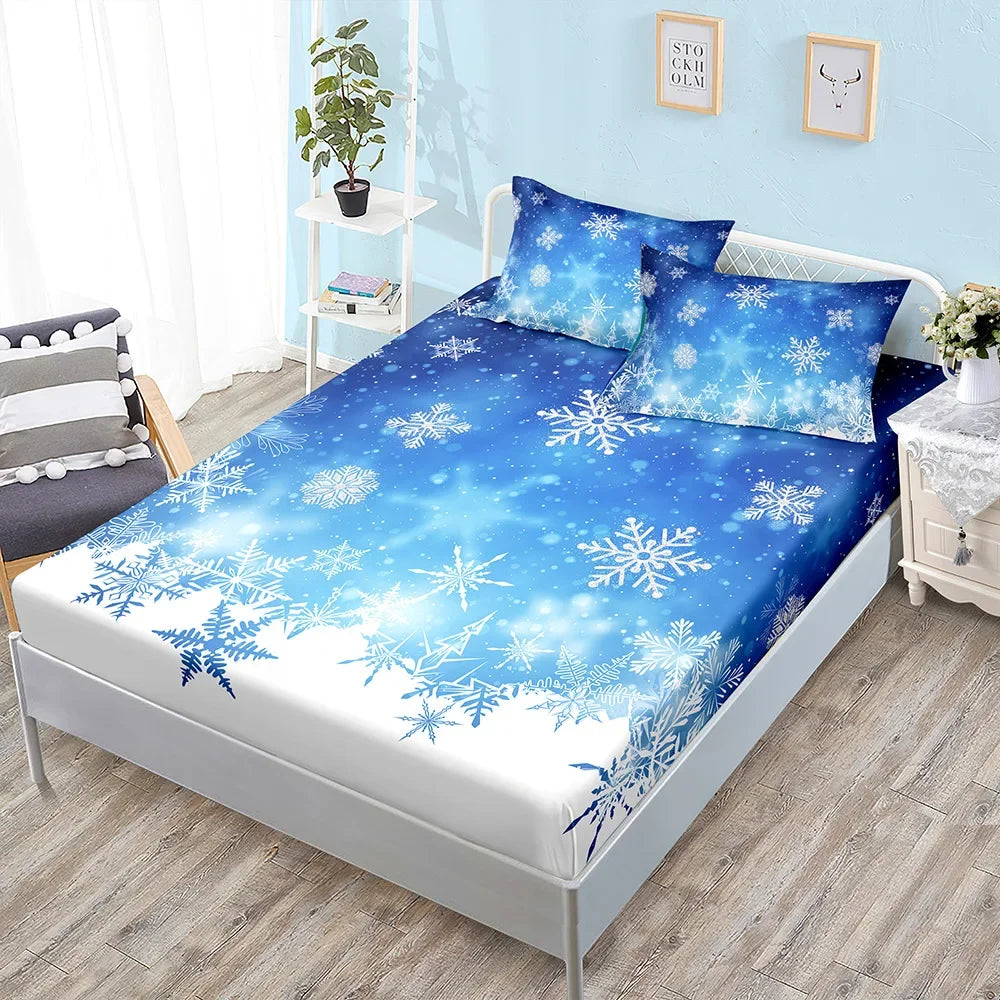 Winter Printed Fitted Sheet Santa Claus Snowflake Polyester Elastic Band Mattress Cover Pillowcase Fashion Bedding Bedroom Decor