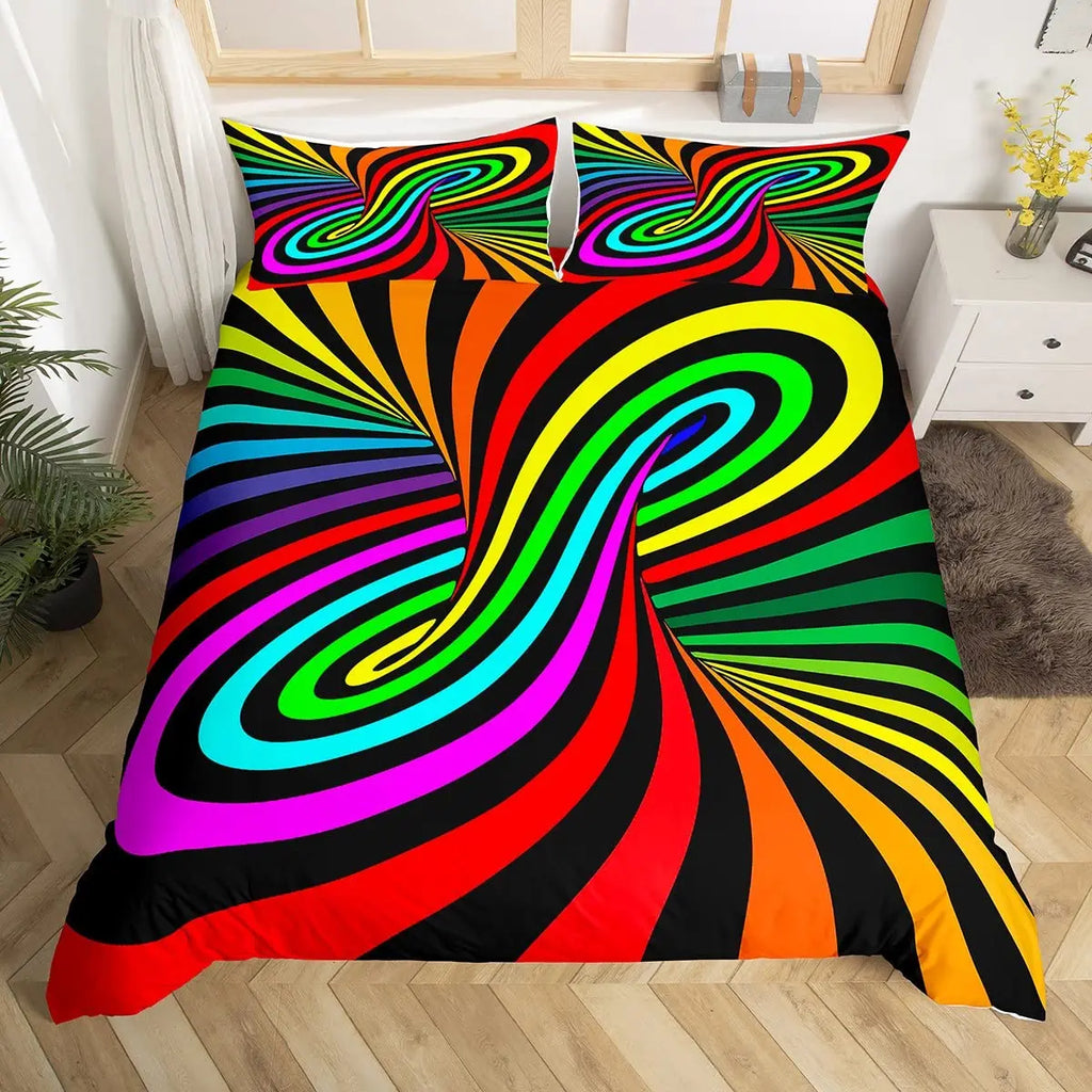 Rainbow Stripes Duvet Cover King Queen Visual Abstraction Bedding Set Optical Illusion Comforter Cover Geometric Quilt Cover
