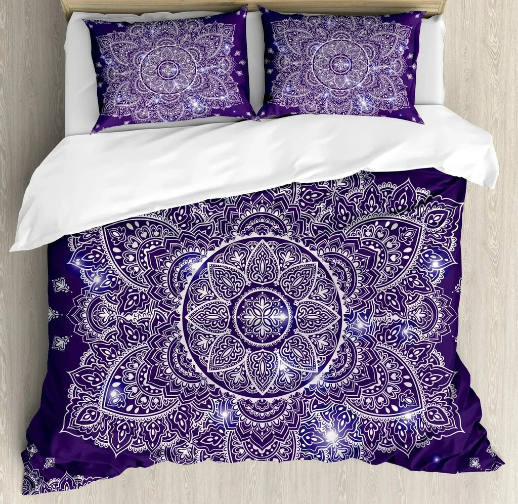 South Mandala Floral Duvet Cover Set,Vibrant Color Ornamental Illustration Bedding Set Bohemian Mandala Lotus Design Quilt Cover