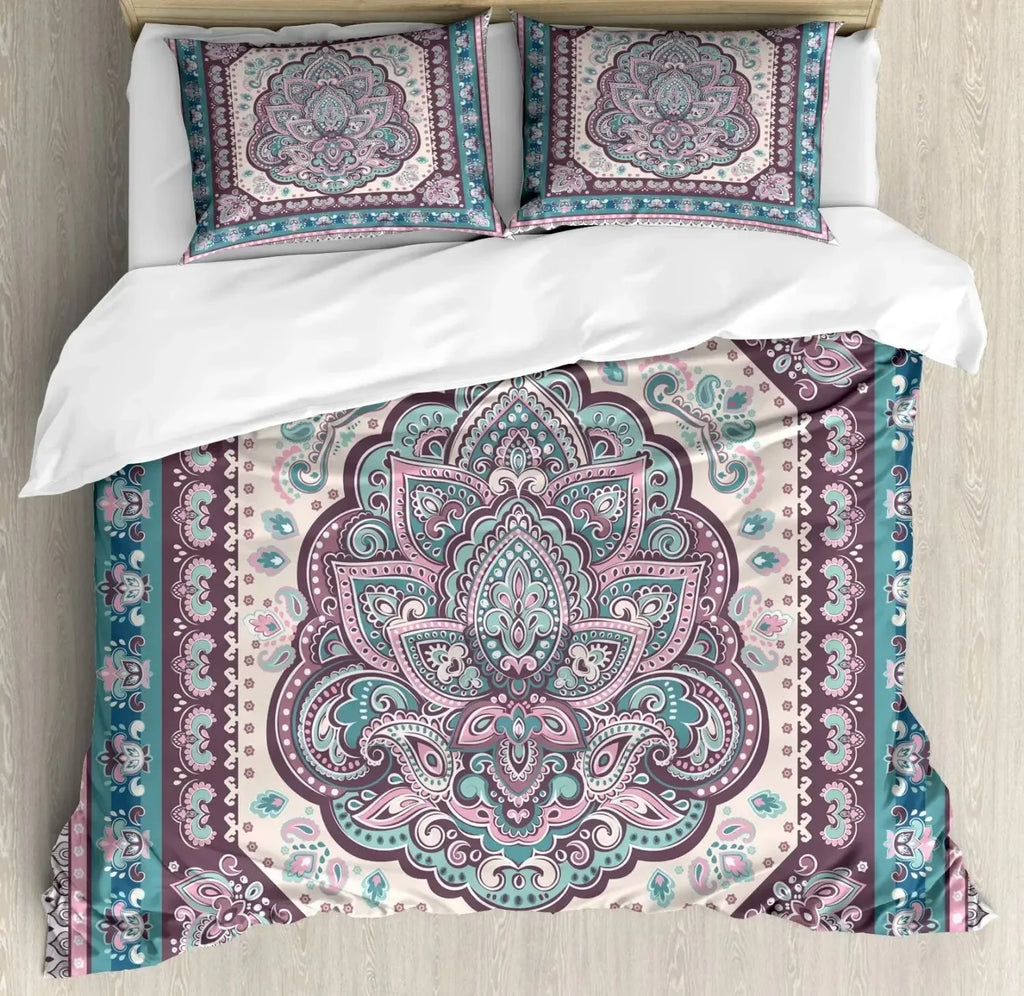 South Mandala Floral Duvet Cover Set,Vibrant Color Ornamental Illustration Bedding Set Bohemian Mandala Lotus Design Quilt Cover