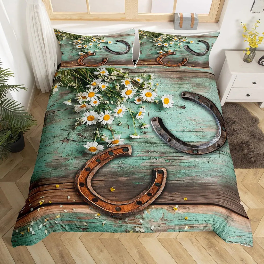 Rustic Farmhouse Bedding Set Western Horseshoe Duvet Cover For Boys Girls Teen Cowboys Cowgirls Quilt Cover With 2 Pillow Cases