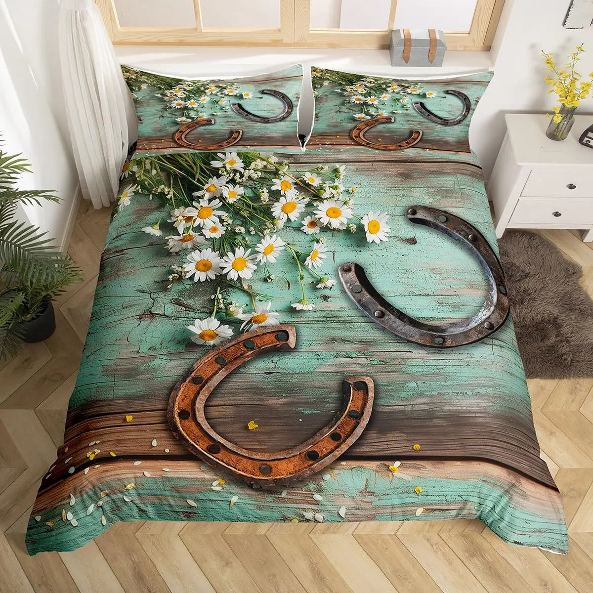 Rustic Farmhouse Bedding Set Western Horseshoe Duvet Cover For Boys Girls Teen Cowboys Cowgirls Quilt Cover With 2 Pillow Cases