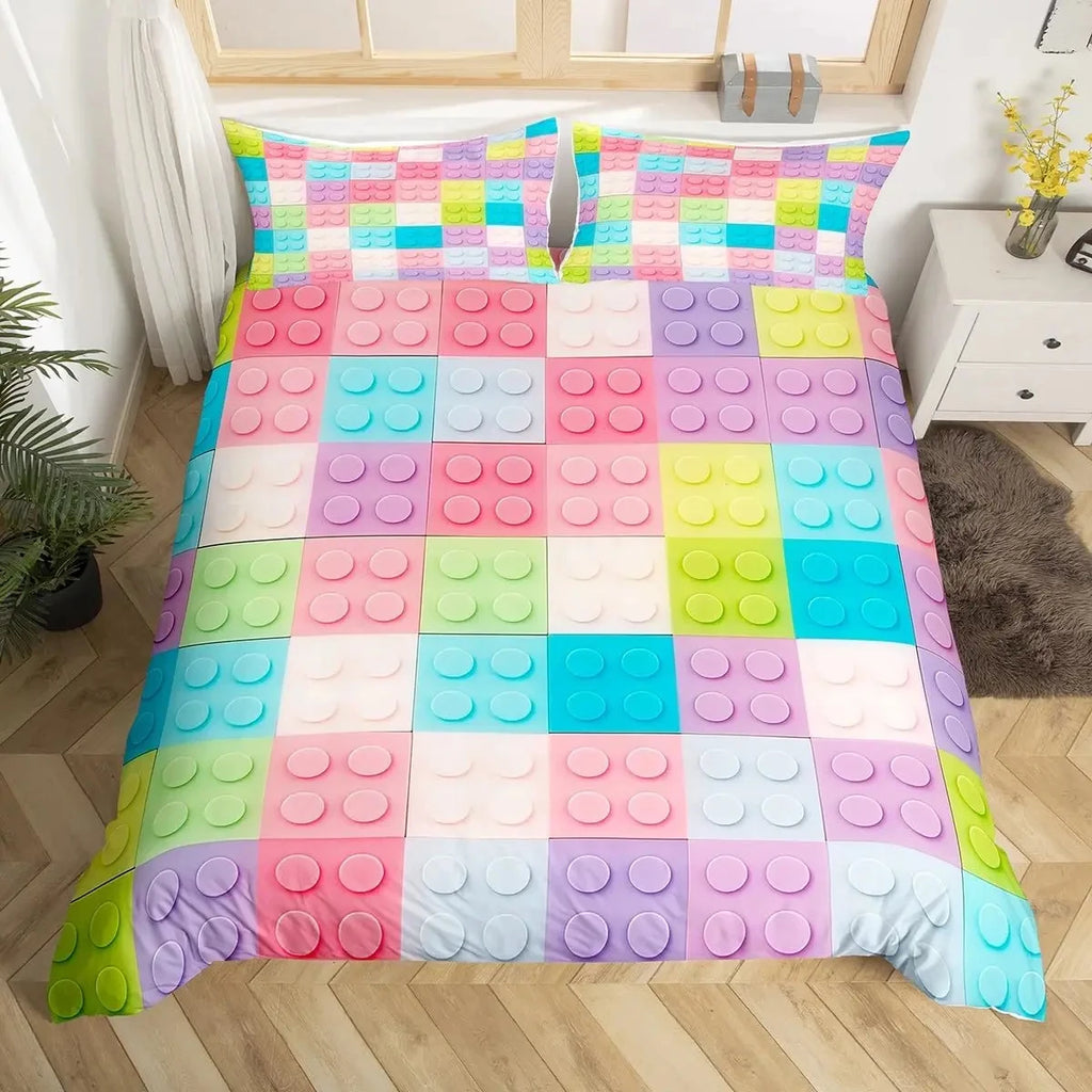 Construction Bedding Set Colorful Polyester Comforter Cover 3D Building Blocks Duvet Cover Kids Boys Rainbow Bricks Quilt Cover