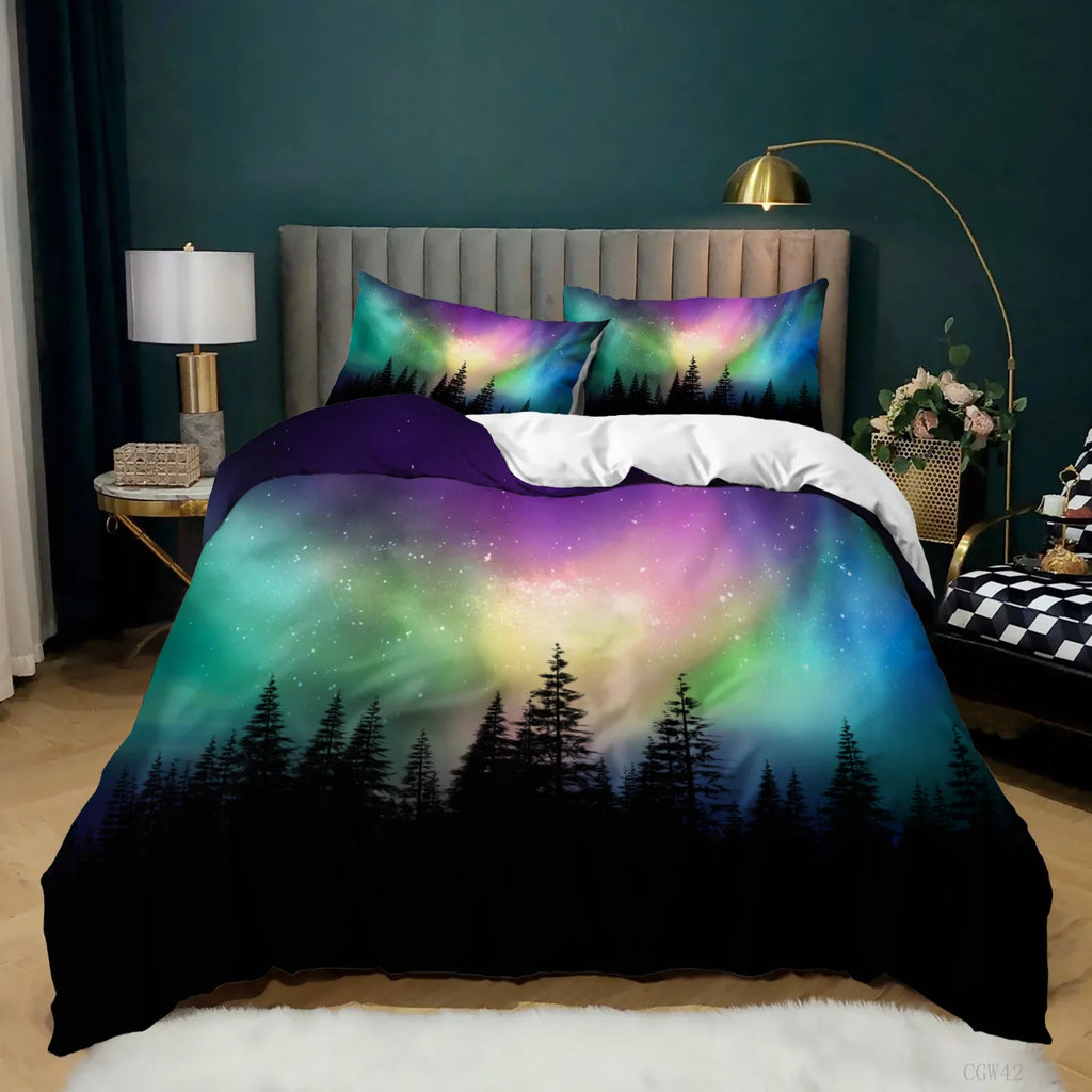 Aurora Borealis Polyester Duvet Cover Set Tree Under Magnetic Field Of Nature With Northern Lights Landscape Picture King Size