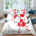 Japanese-Style Duvet Cover Set for Girl Polyester Mount Fuji Comforter Cover Cherry Blossoms Flower Ink Hand Painted Quilt Cover