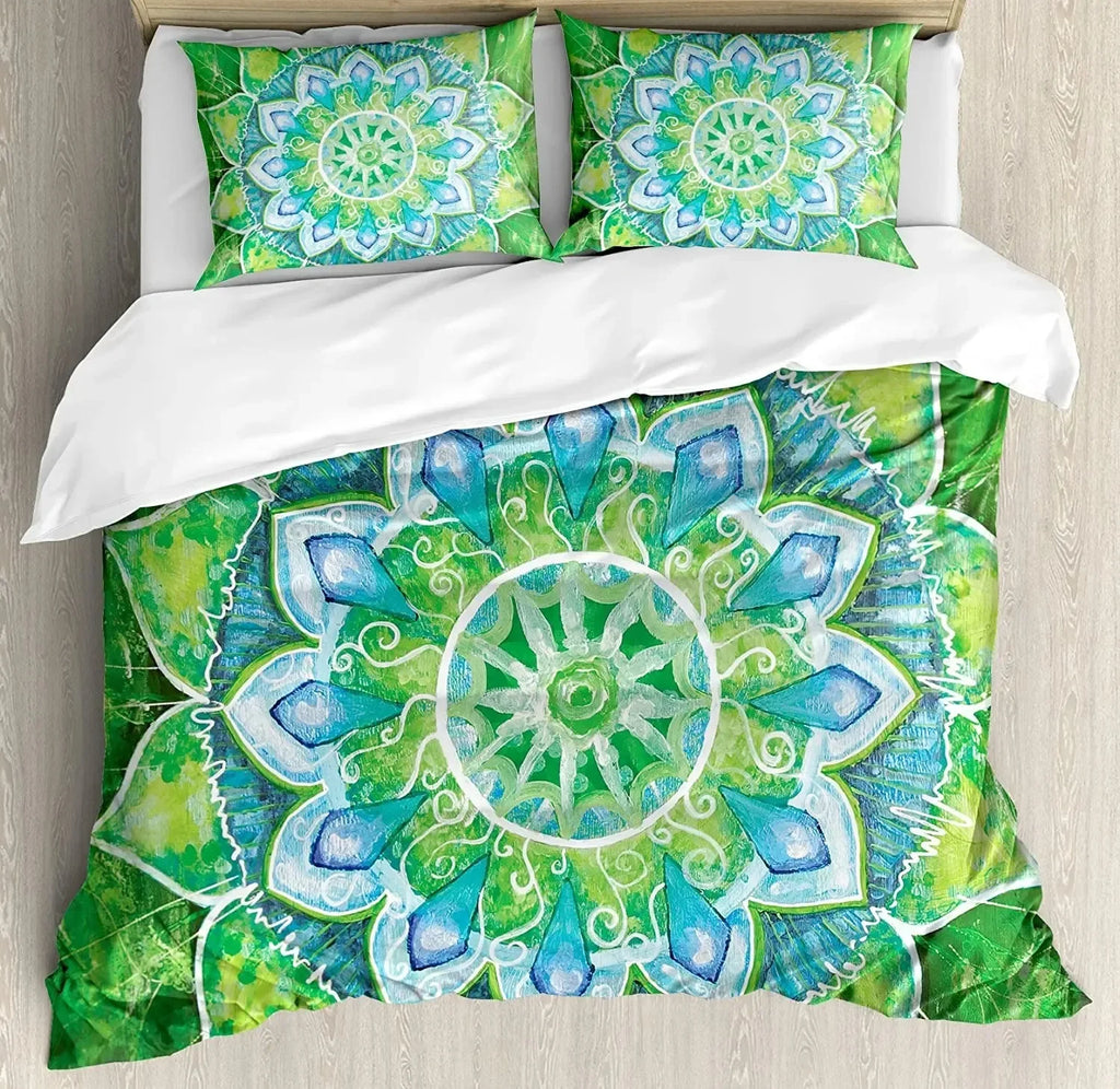 South Mandala Floral Duvet Cover Set,Vibrant Color Ornamental Illustration Bedding Set Bohemian Mandala Lotus Design Quilt Cover