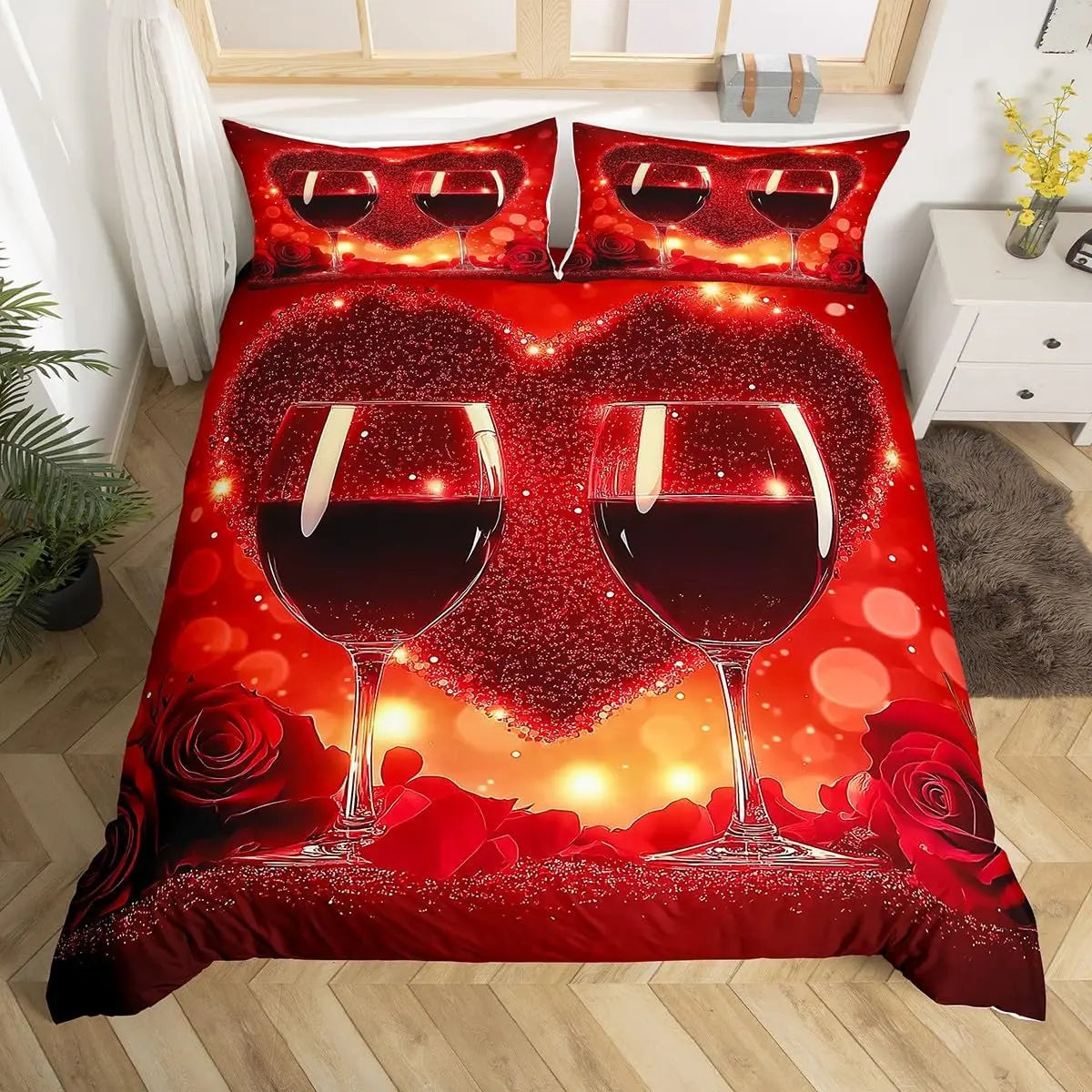 Red Roses Duvet Cover Twin Queen Happy Valentine's Day Bedding Set Romantic Flowers Comforter Cover Cute Love Heart Quilt Cover
