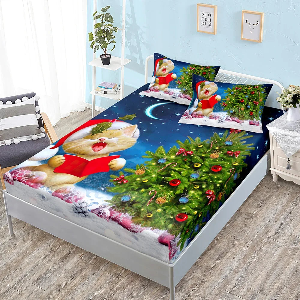 Winter Printed Fitted Sheet Santa Claus Snowflake Polyester Elastic Band Mattress Cover Pillowcase Fashion Bedding Bedroom Decor