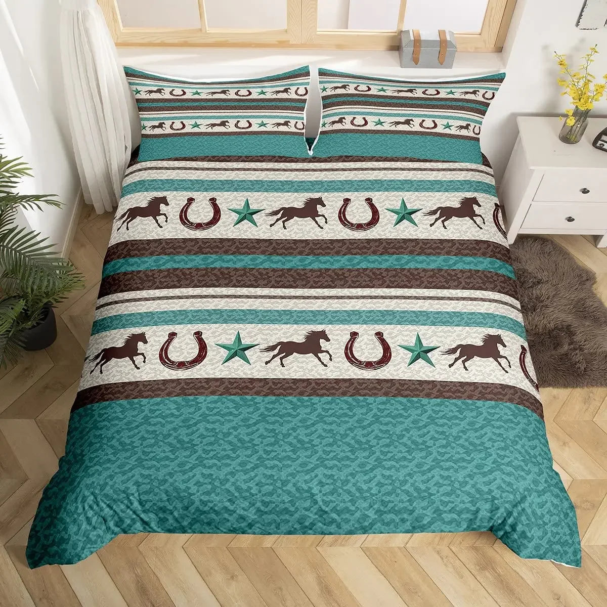 Rustic Farmhouse Bedding Set Western Horseshoe Duvet Cover For Boys Girls Teen Cowboys Cowgirls Quilt Cover With 2 Pillow Cases