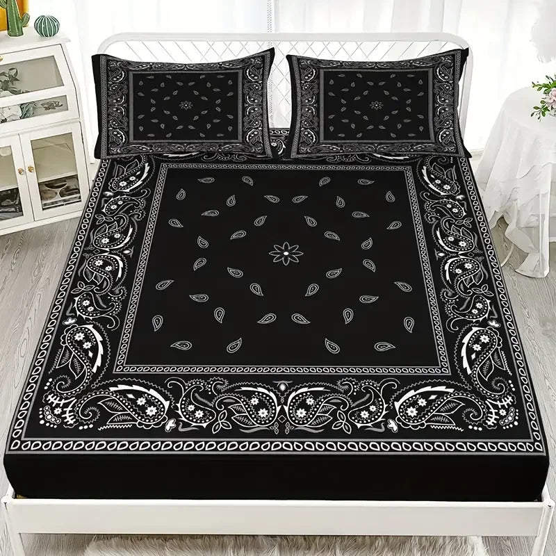 Black Paisley Mandala Fitted Sheet Set Bohemian Style Mattress Covers Soft Breathable  With Deep Pocket for Bedroom