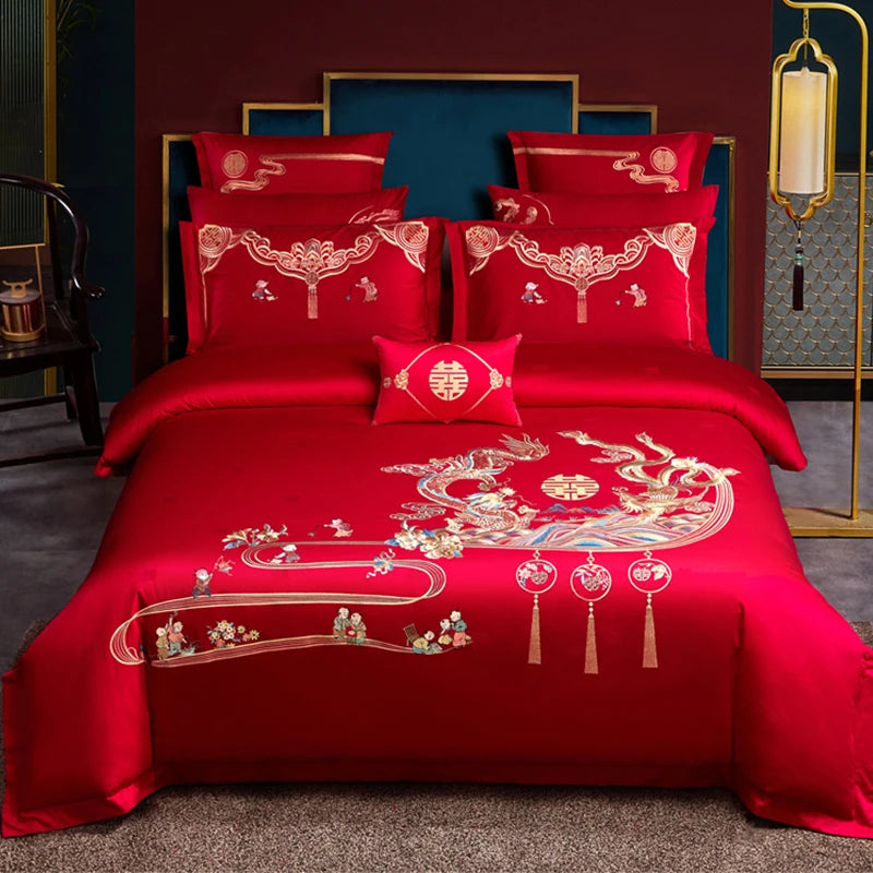 100/140CT Long-staple cotton Chinese-style wedding festive 4-pcs duvet cover set a witness to marriage and love, home decoration