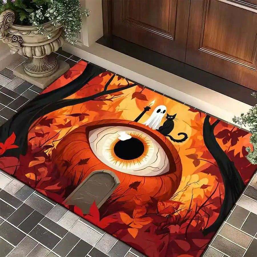 1pc Halloween Rug Lovely Cat Ghost Pumpkin 3D Print Non-slip Rug Entrance Mat Home Living Room Bedroom Ornament Halloween Decor