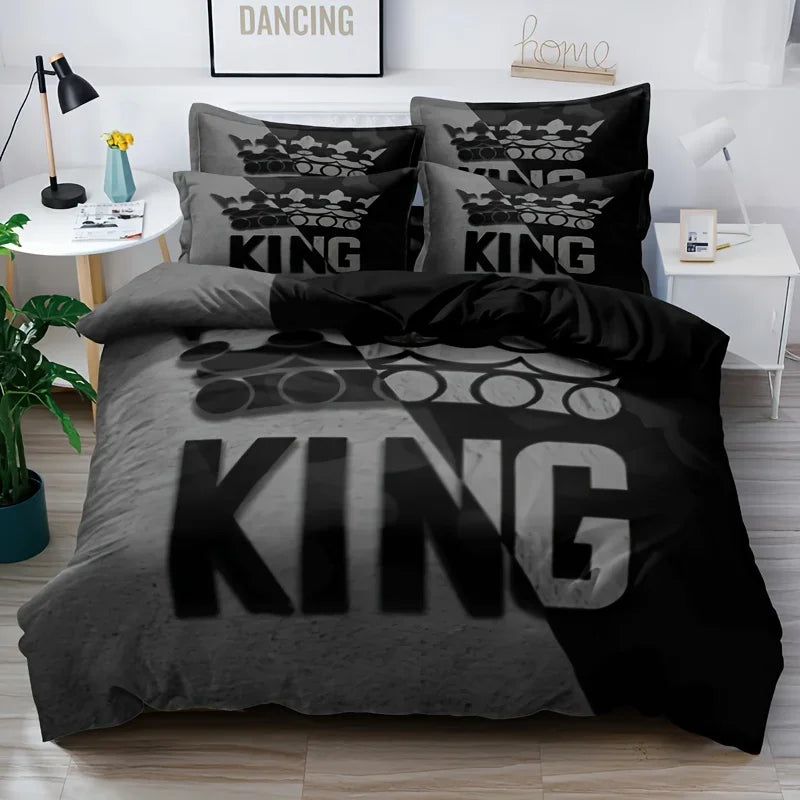 Grey and Black King Size Bed Pattern Down Duvet Cover Set, Soft and Comfortable Bedroom and Dormitory Decoration Bedding Set
