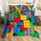 Construction Bedding Set Colorful Polyester Comforter Cover 3D Building Blocks Duvet Cover Kids Boys Rainbow Bricks Quilt Cover