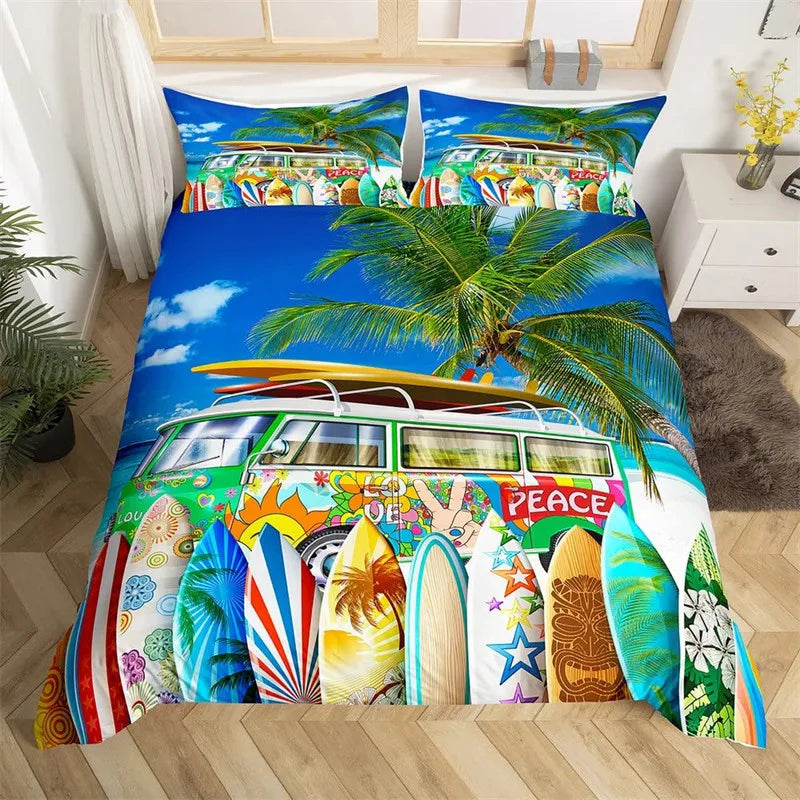 Beach Duvet Cover Set Polyester Tropical Island with The Palm Tree and Sea Beach Nature Theme Double Queen King Size Quilt Cover