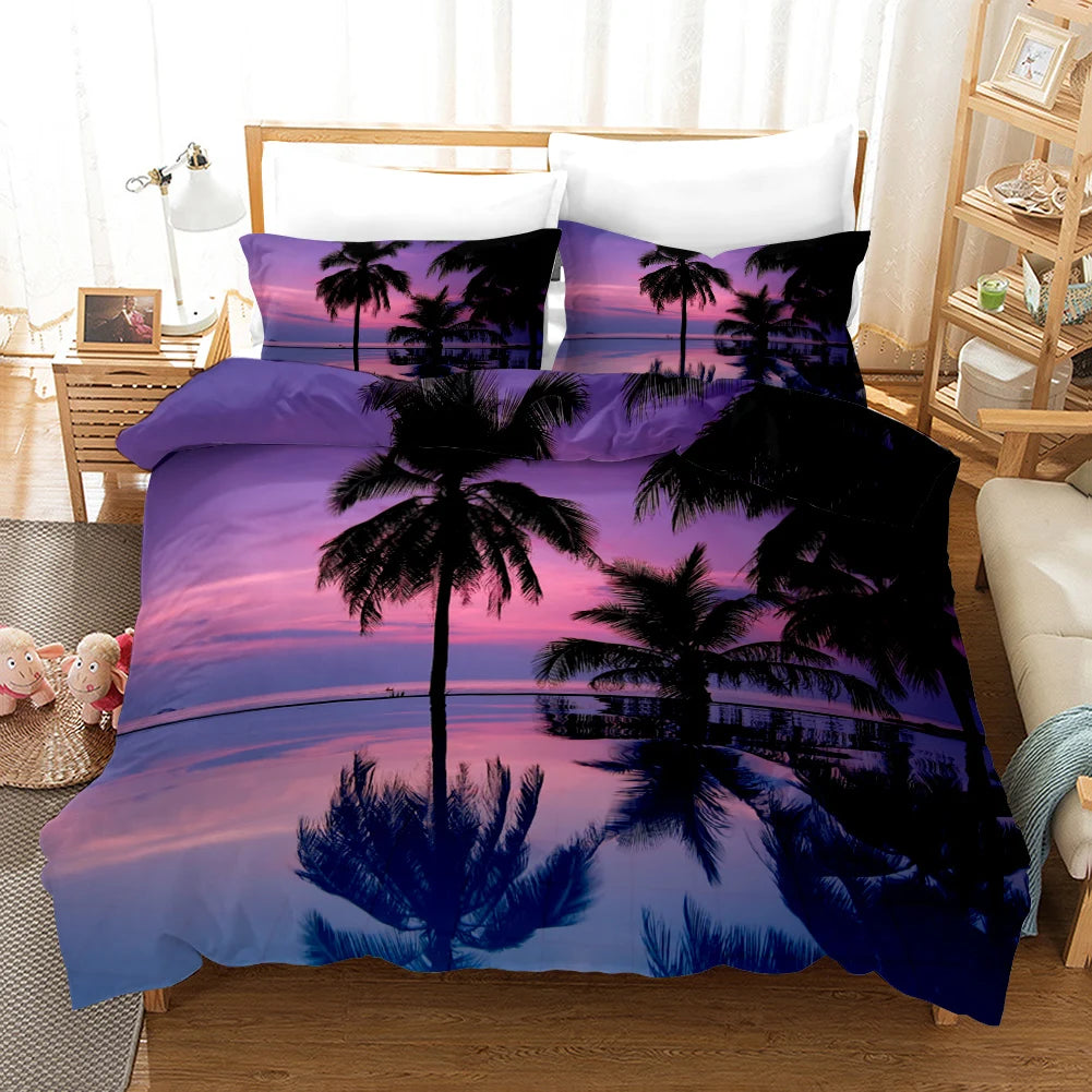 Beach Duvet Cover Set Polyester Tropical Island with The Palm Tree and Sea Beach Nature Theme Double Queen King Size Quilt Cover