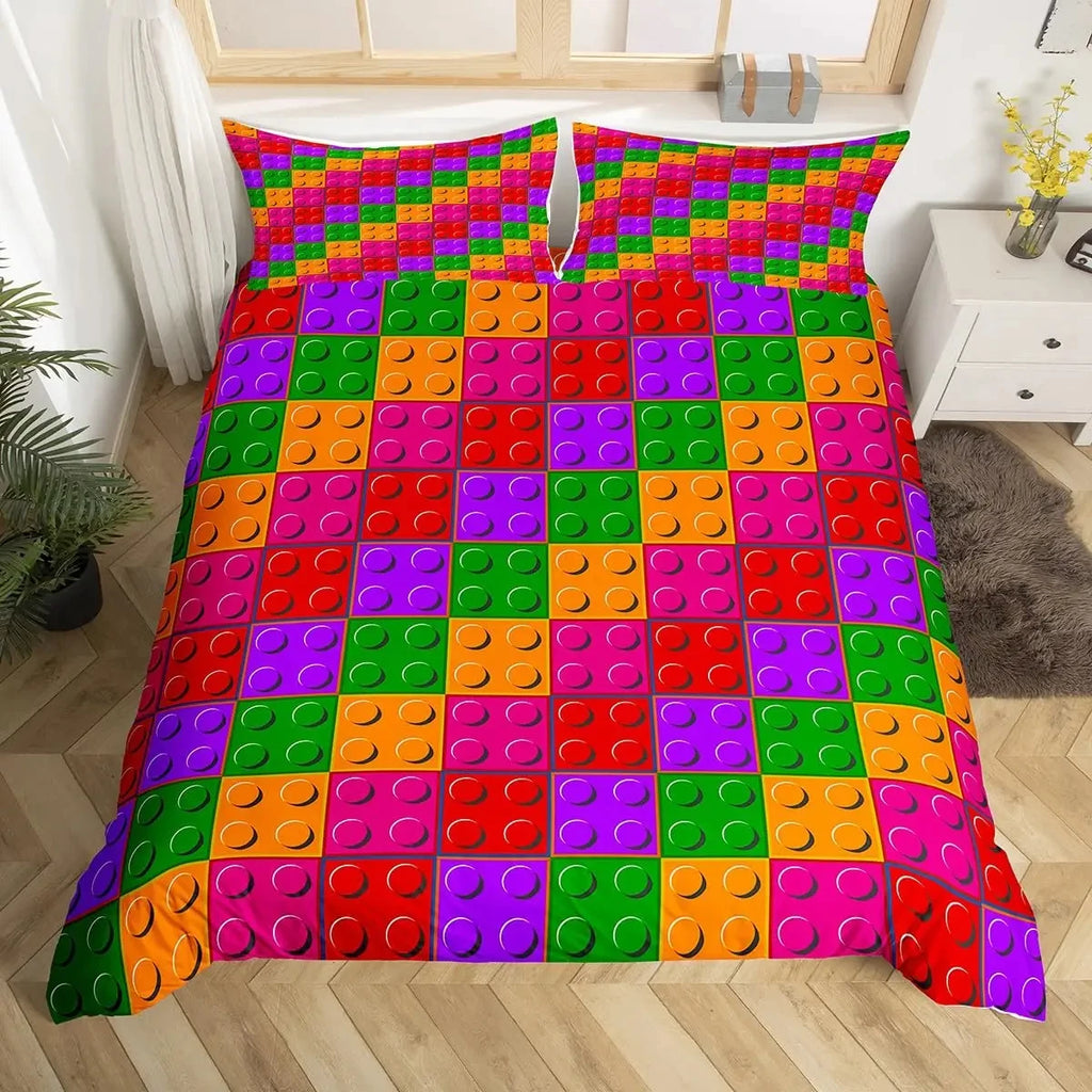 Construction Bedding Set Colorful Polyester Comforter Cover 3D Building Blocks Duvet Cover Kids Boys Rainbow Bricks Quilt Cover
