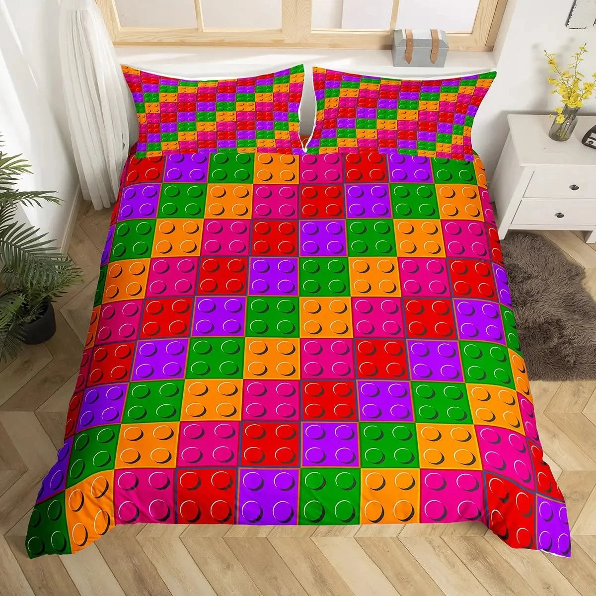 Construction Bedding Set Colorful Polyester Comforter Cover 3D Building Blocks Duvet Cover Kids Boys Rainbow Bricks Quilt Cover