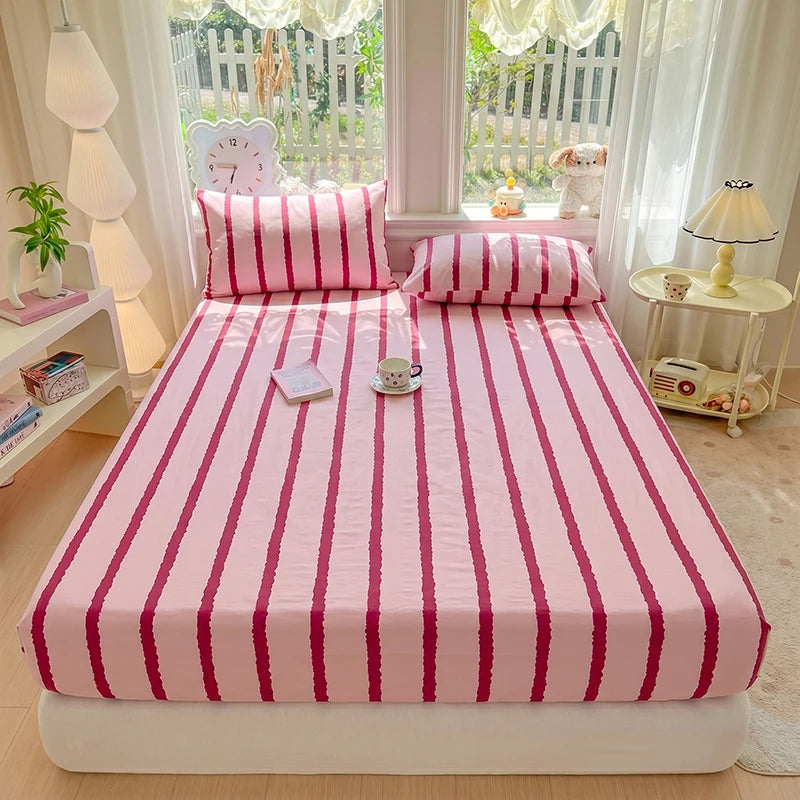 1pc Pink Blue Striped Fitted Sheet Deep Pocket Elastic Mattress Cover Single Double Queen King Bedroom Decor For Girls Boys