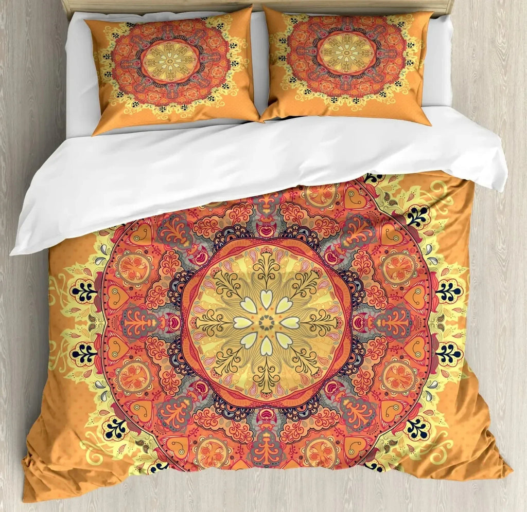 South Mandala Floral Duvet Cover Set,Vibrant Color Ornamental Illustration Bedding Set Bohemian Mandala Lotus Design Quilt Cover
