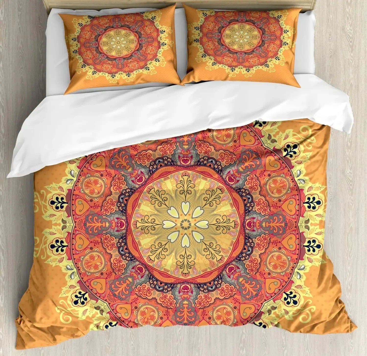 South Mandala Floral Duvet Cover Set,Vibrant Color Ornamental Illustration Bedding Set Bohemian Mandala Lotus Design Quilt Cover
