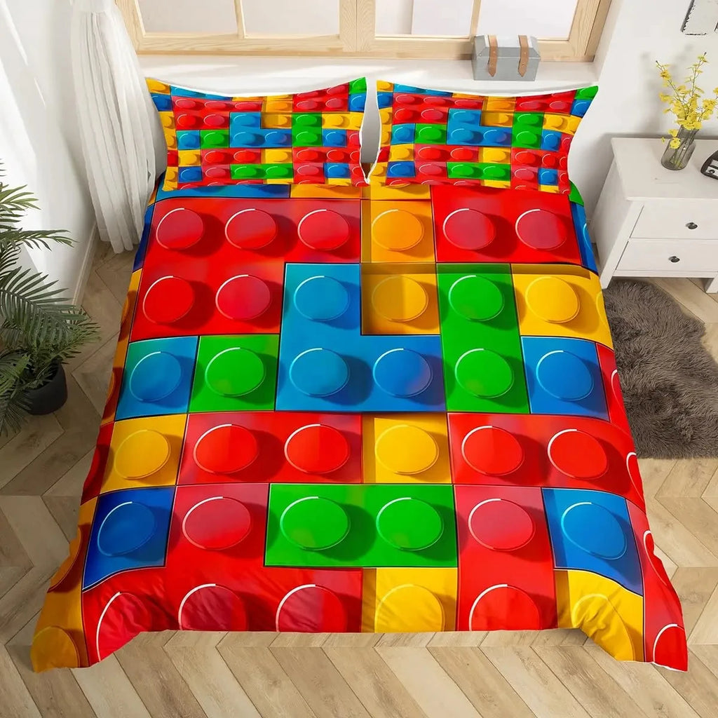 Construction Bedding Set Colorful Polyester Comforter Cover 3D Building Blocks Duvet Cover Kids Boys Rainbow Bricks Quilt Cover