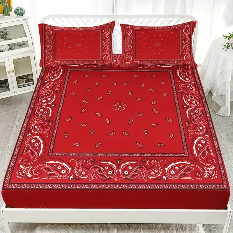 Black Paisley Mandala Fitted Sheet Set Bohemian Style Mattress Covers Soft Breathable  With Deep Pocket for Bedroom