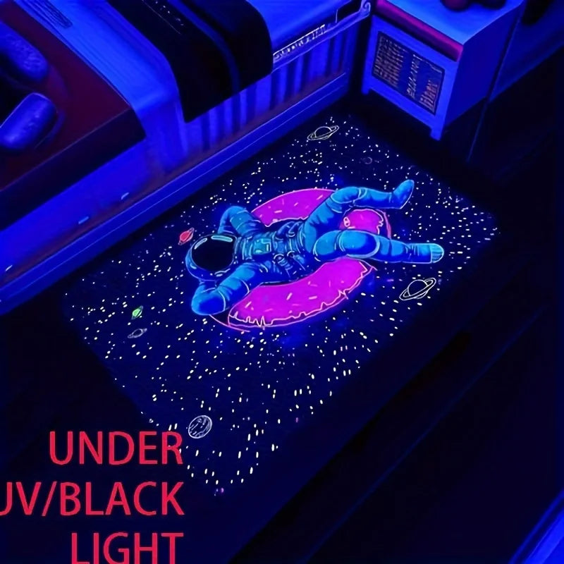 [Astronaut Mat] 1pc UV Blacklight Astronaut Area Mat - Vibrant Neon Space Design, Non-Slip Polyester Mat for Game Room