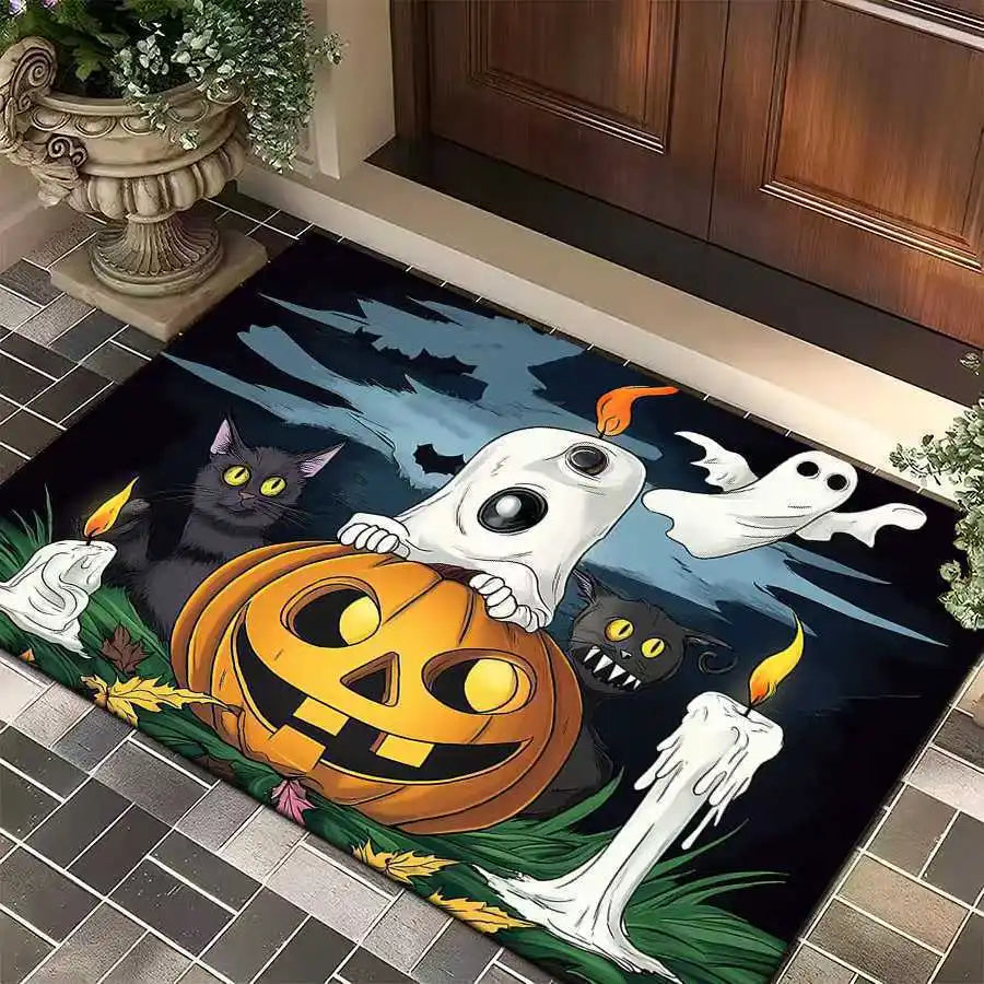 1pc Halloween Rug Lovely Cat Ghost Pumpkin 3D Print Non-slip Rug Entrance Mat Home Living Room Bedroom Ornament Halloween Decor