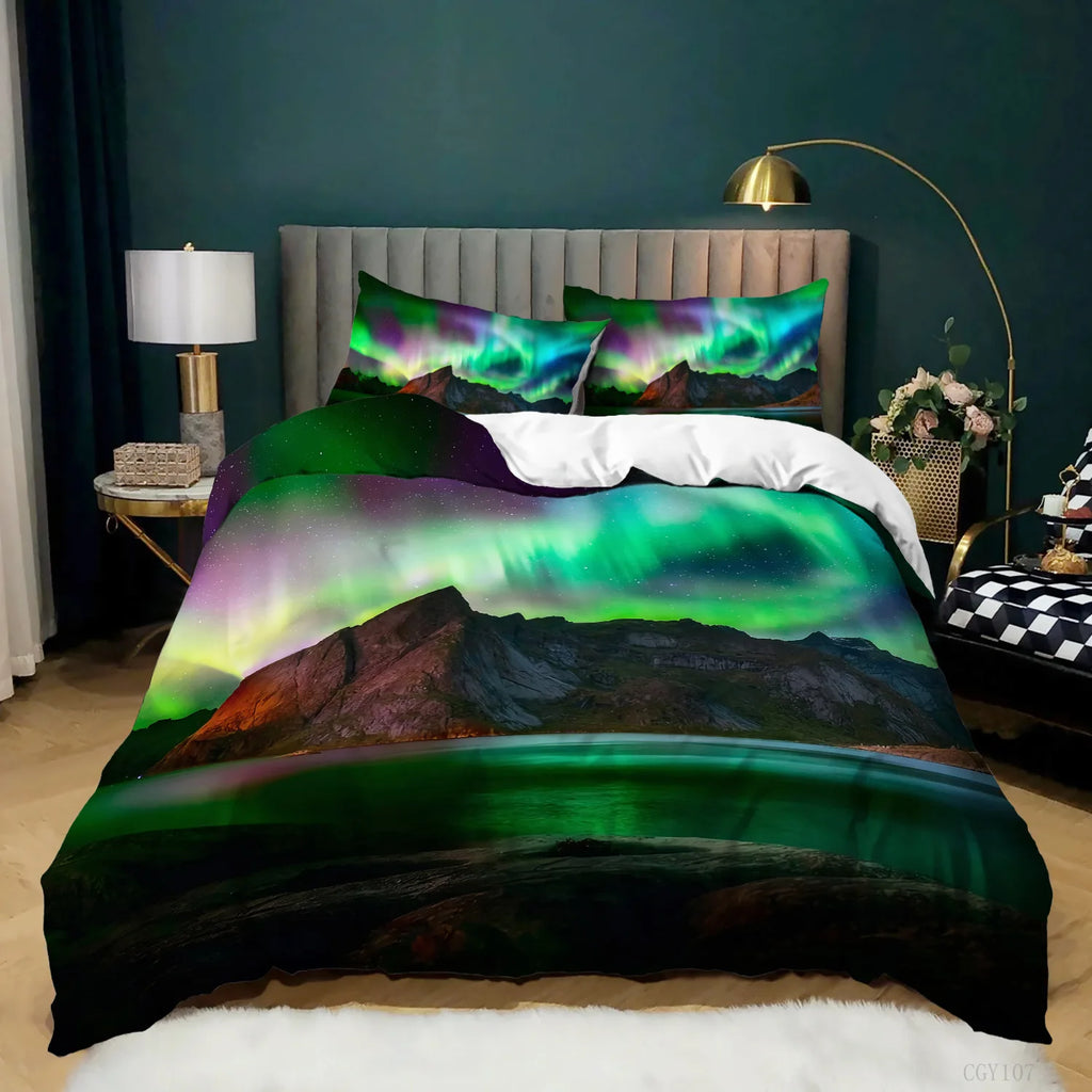 Aurora Borealis Polyester Duvet Cover Set Tree Under Magnetic Field Of Nature With Northern Lights Landscape Picture King Size