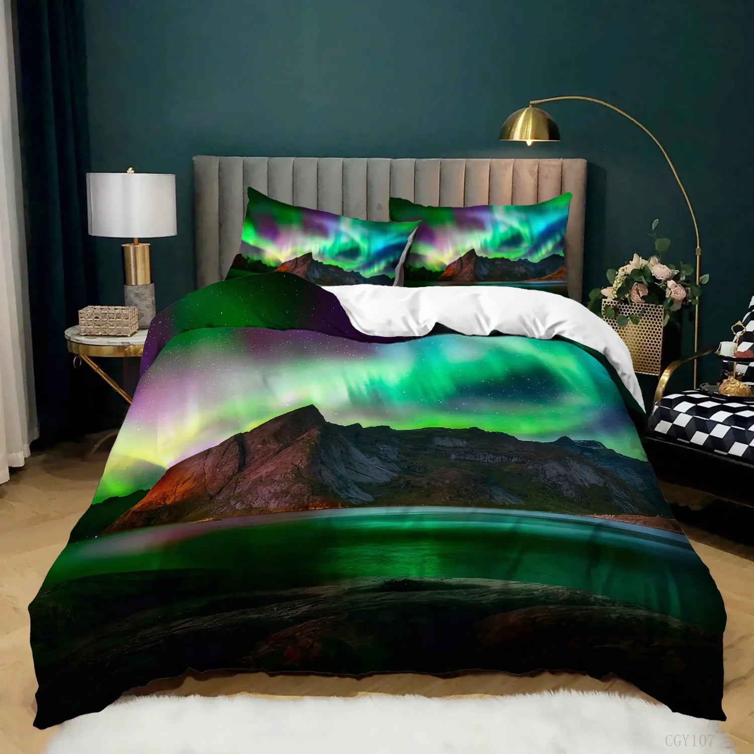 Aurora Borealis Polyester Duvet Cover Set Tree Under Magnetic Field Of Nature With Northern Lights Landscape Picture King Size