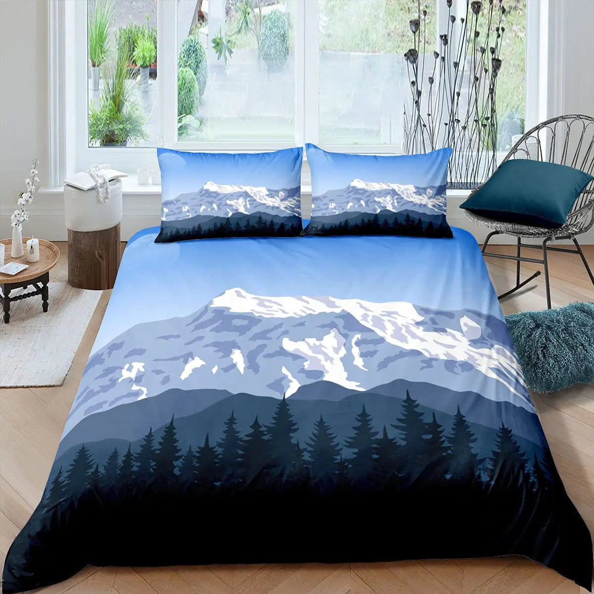 Japanese-Style Duvet Cover Set for Girl Polyester Mount Fuji Comforter Cover Cherry Blossoms Flower Ink Hand Painted Quilt Cover