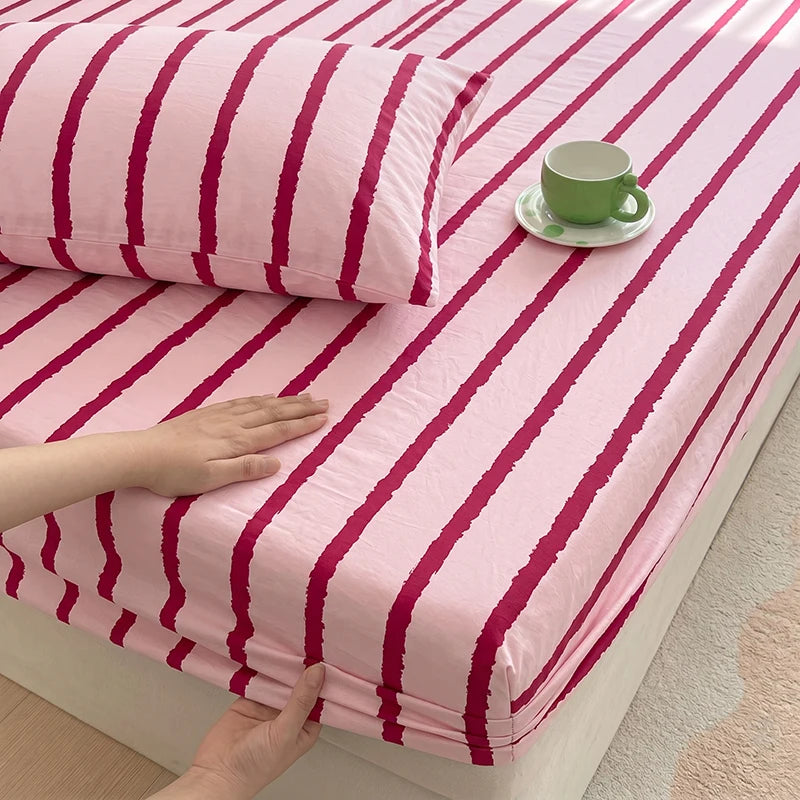 1pc Pink Blue Striped Fitted Sheet Deep Pocket Elastic Mattress Cover Single Double Queen King Bedroom Decor For Girls Boys