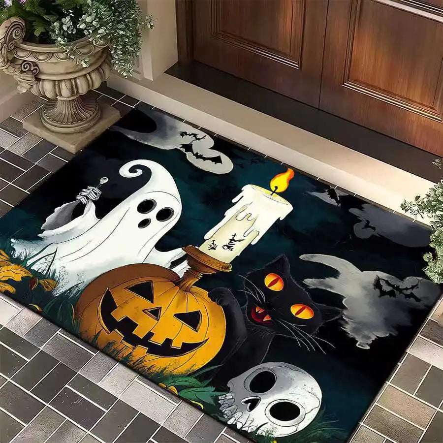 1pc Halloween Rug Lovely Cat Ghost Pumpkin 3D Print Non-slip Rug Entrance Mat Home Living Room Bedroom Ornament Halloween Decor