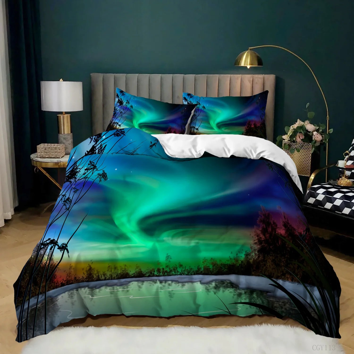 Aurora Borealis Polyester Duvet Cover Set Tree Under Magnetic Field Of Nature With Northern Lights Landscape Picture King Size