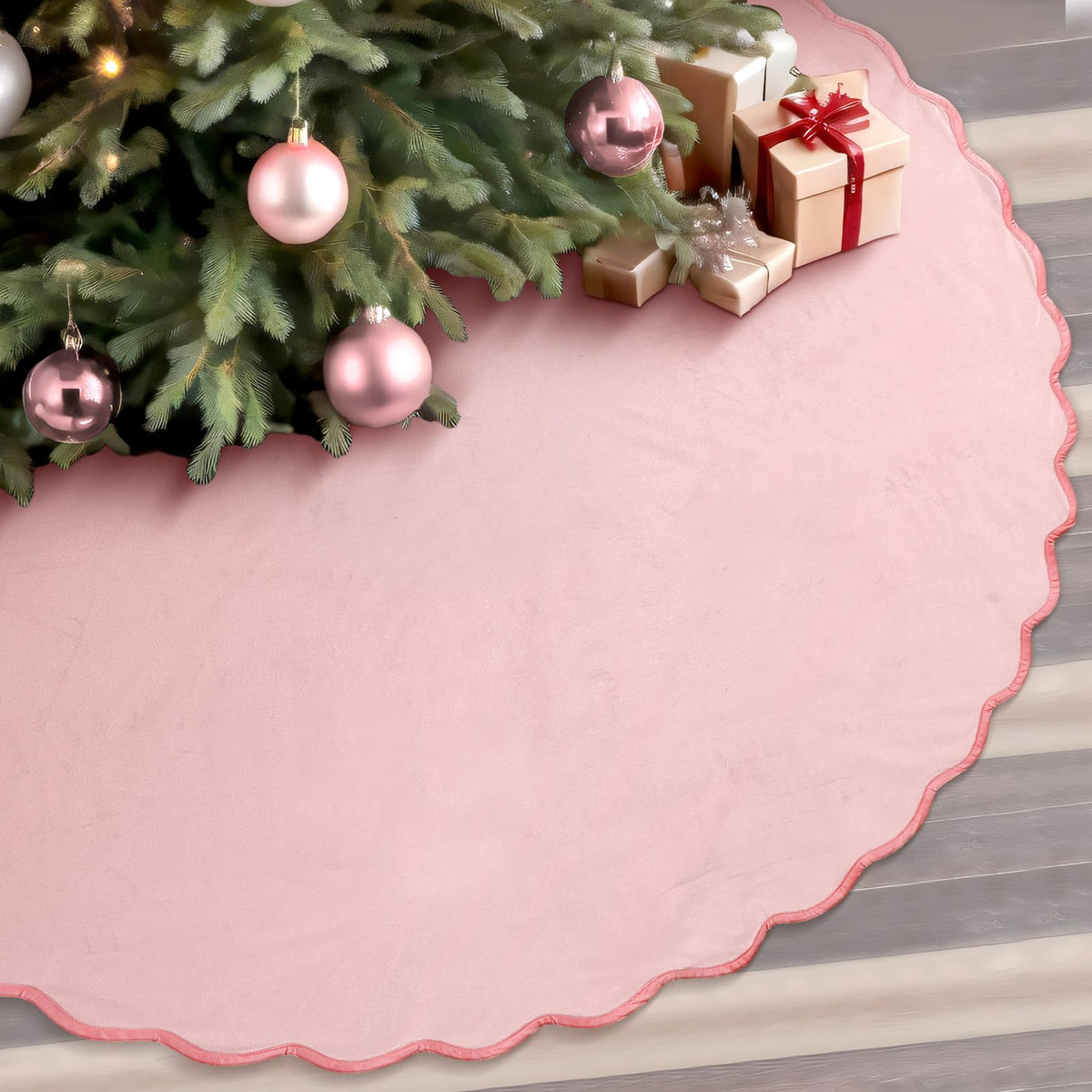 Pink Christmas Tree Skirt Velvet Tree Skirts, 48 Inch Xmas Decorations for Home Indoor Outdoor