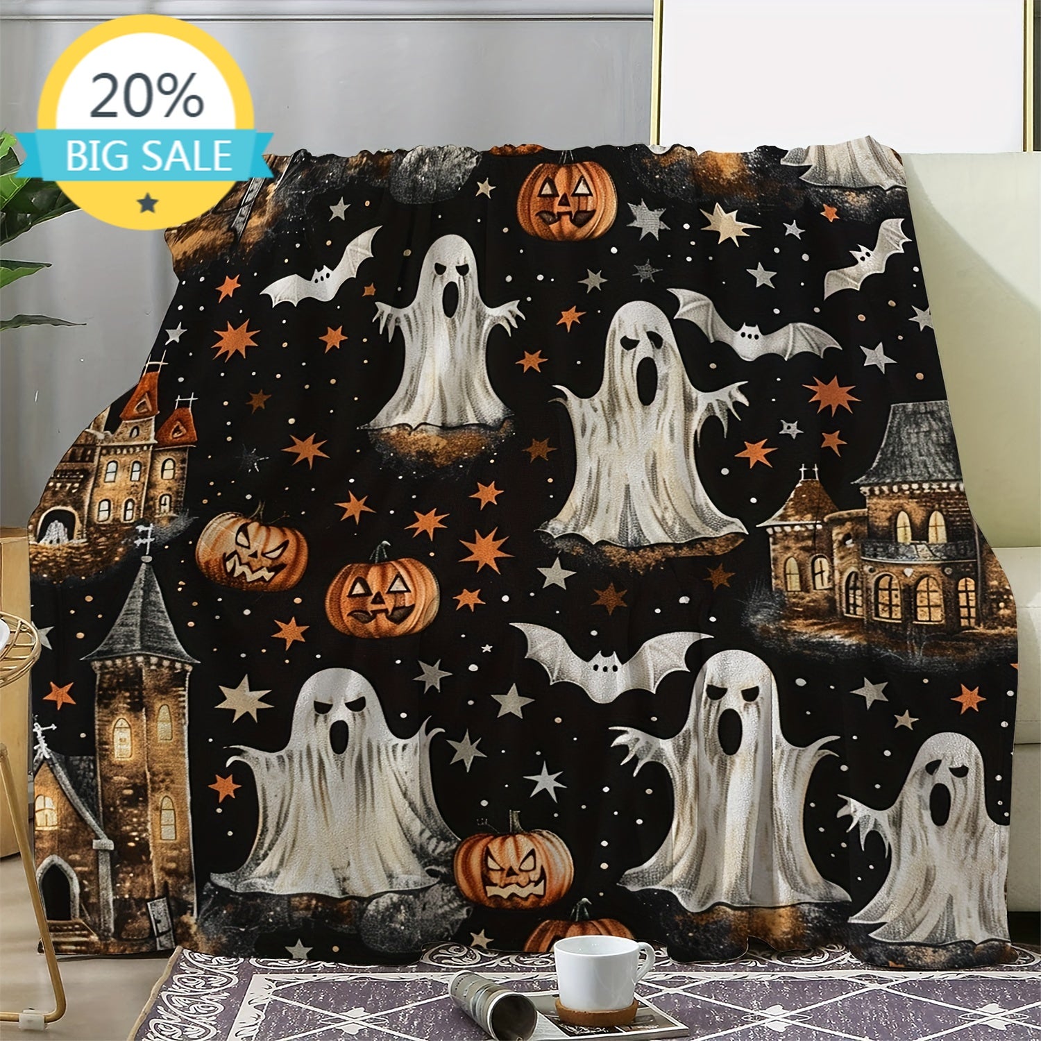 Cozy Flannel Halloween Blanket with Castle, Ghosts & Bats - Soft, Warm Throw for Couch, Bed, Car, Office, Camping - Versatile All-Season Gift