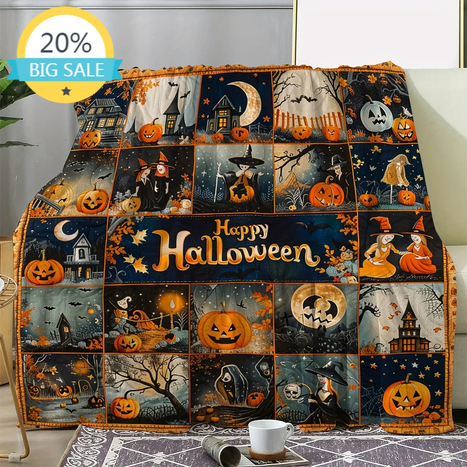 Vintage Halloween Theme Flannel Throw Blanket - Pumpkin Witch Digital Print, All-Season Cozy Soft Knitted Cover