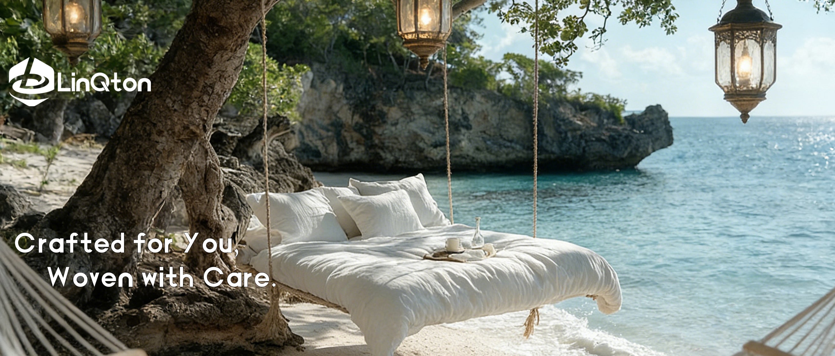 LinQton custom bedding by the sea with the message Crafted for You, Woven with Care